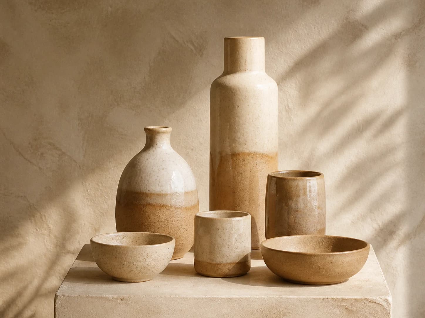 Ręcznie tworzone wazony i naczynia ustawione w spokojnej pracowni ceramicznej